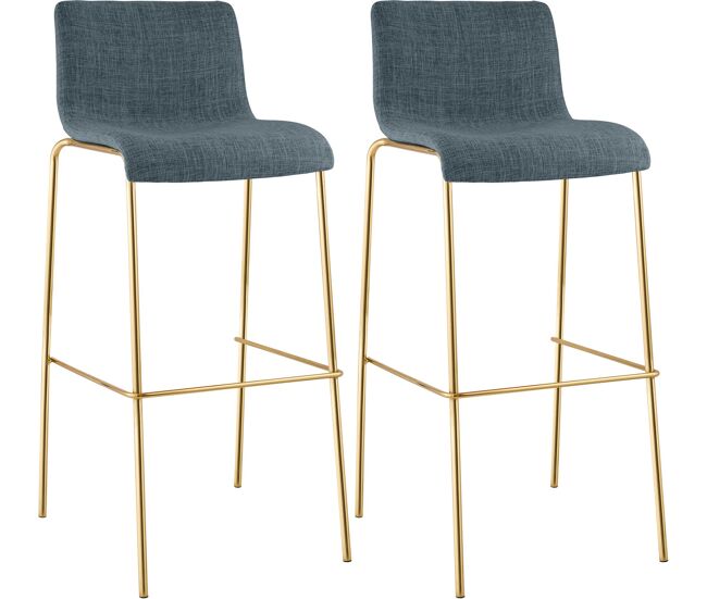 Set de 2 taburetes de bar hover de tela con estructura de cuatro patas dorada azul 48x43x100 cm