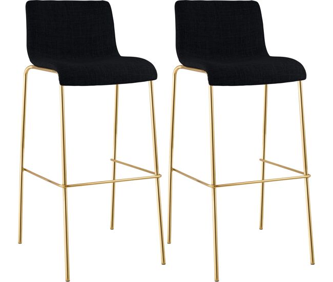 Set de 2 taburetes de bar hover de tela con estructura de cuatro patas dorada negro 48x43x100 cm