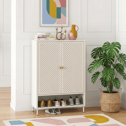 Sapateira Coleraine 2 portas e compartimento aço 115x80x35cm branco creme en.casa