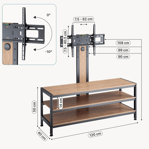 Suporte de TV com mesa de TV 70 Stockholm 120x40x108 cm pretocarvalho pro.tec