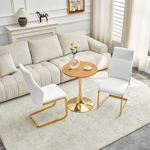 Conjunto de mesa e 2 cadeiras de jantar de 60 cm - mesa redonda em MDF com efeito de madeira, base dourada, cadeiras brancas com padrão em losangos e estrutura metálica - brancodouradomadeira