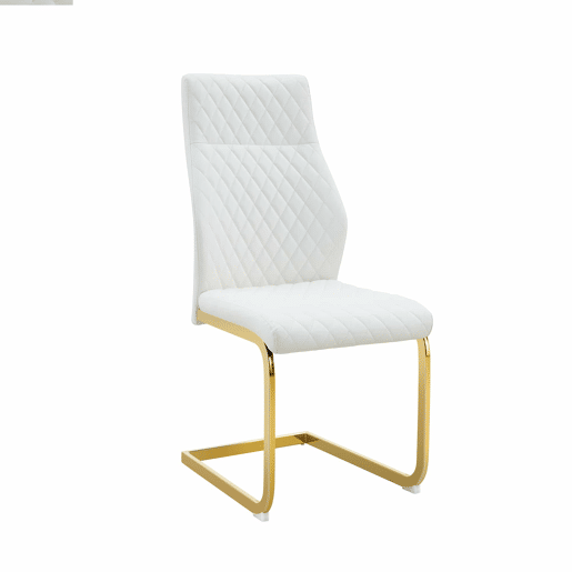 Conjunto de mesa e 2 cadeiras de jantar de 60 cm - mesa redonda em MDF com efeito de madeira, base dourada, cadeiras brancas com padrão em losangos e estrutura metálica - brancodouradomadeira