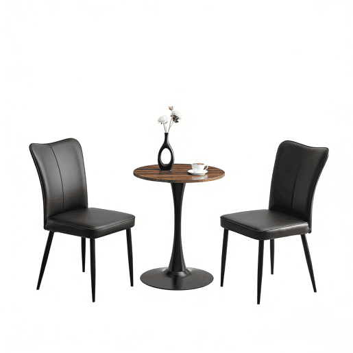 Conjunto de mesa e cadeiras de 60 cm - mesa redonda em MDF com pernas pretas e 2 cadeiras de jantar em PU preto - Preto, Nogueira