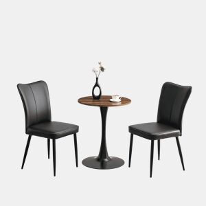 Conjunto de mesa e cadeiras de 60 cm - mesa redonda em MDF com pernas pretas e 2 cadeiras de jantar em PU preto - Preto, Nogueira