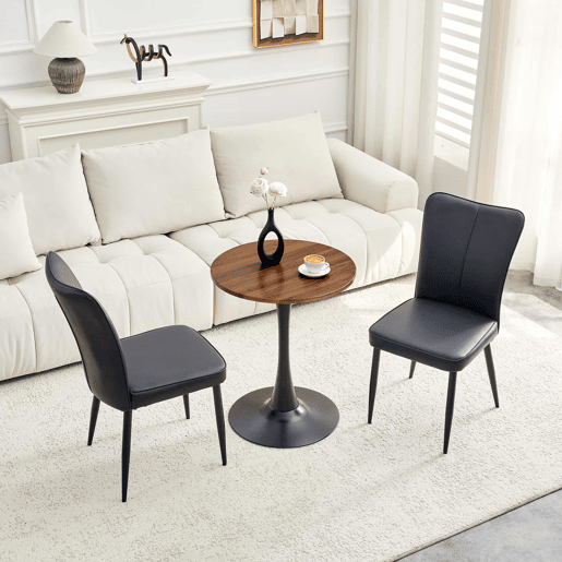Conjunto de mesa e cadeiras de 60 cm - mesa redonda em MDF com pernas pretas e 2 cadeiras de jantar em PU preto - Preto, Nogueira