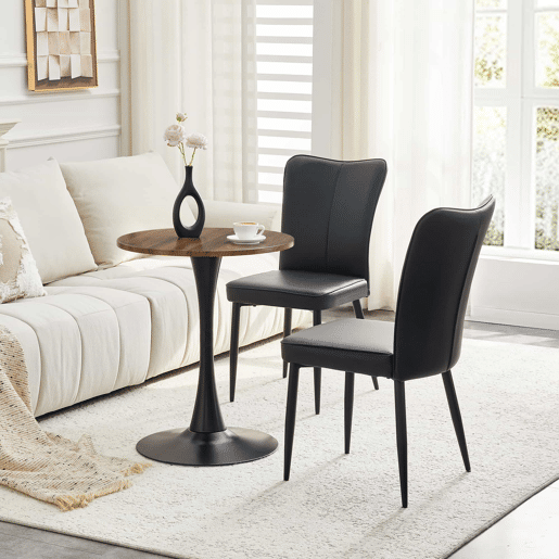 Conjunto de mesa e cadeiras de 60 cm - mesa redonda em MDF com pernas pretas e 2 cadeiras de jantar em PU preto - Preto, Nogueira