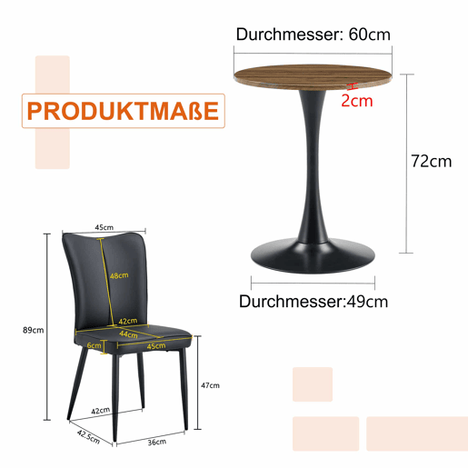 Conjunto de mesa e cadeiras de 60 cm - mesa redonda em MDF com pernas pretas e 2 cadeiras de jantar em PU preto - Preto, Nogueira
