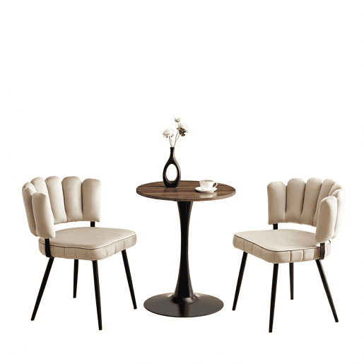 Conjunto de mesa e cadeiras de 60 cm - mesa redonda em MDF com base preta e 2 cadeiras de jantar com encosto em forma de pétala em veludo e pernas pretas - Light Coffee, Walnut+black