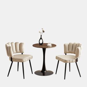 Conjunto de mesa e cadeiras de 60 cm - mesa redonda em MDF com base preta e 2 cadeiras de jantar com encosto em forma de pétala em veludo e pernas pretas - Light Coffee, Walnut+black