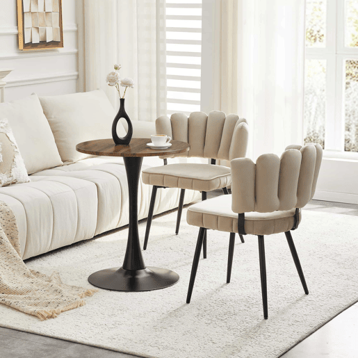 Conjunto de mesa e cadeiras de 60 cm - mesa redonda em MDF com base preta e 2 cadeiras de jantar com encosto em forma de pétala em veludo e pernas pretas - Light Coffee, Walnut+black