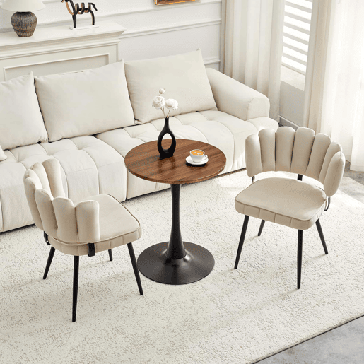 Conjunto de mesa e cadeiras de 60 cm - mesa redonda em MDF com base preta e 2 cadeiras de jantar com encosto em forma de pétala em veludo e pernas pretas - Light Coffee, Walnut+black