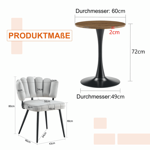 Conjunto de mesa e cadeiras de 60 cm - Mesa redonda em MDF com pernas pretas + 2 cadeiras cinza claro com encosto em forma de pétala e pernas de metal pretas - Cinza claro, nogueira + preto