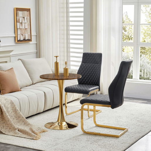 Conjunto de mesa e cadeiras de 60 cm - Mesa em MDF nogueira com pés dourados + 2 cadeiras pretas com padrão em losangos e estrutura dourada - Preto+Dourado, Nogueira