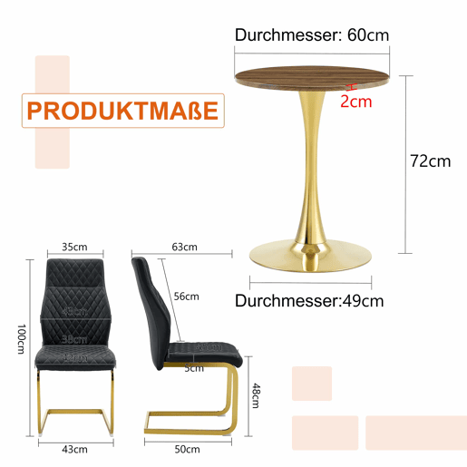 Conjunto de mesa e cadeiras de 60 cm - Mesa em MDF nogueira com pés dourados + 2 cadeiras pretas com padrão em losangos e estrutura dourada - Preto+Dourado, Nogueira