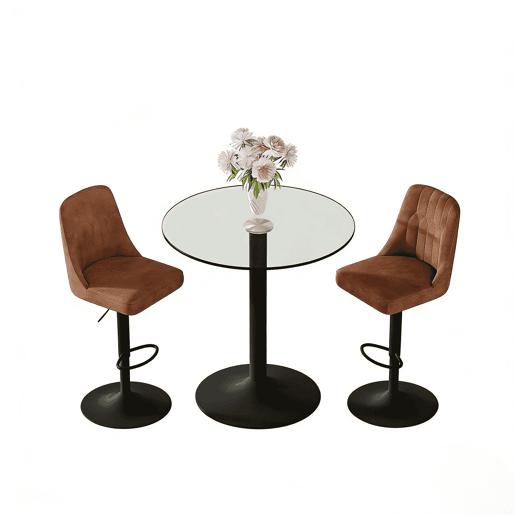 Conjunto de bar de 89 cm - Mesa de vidro com 2 bancos giratórios em tecido técnico castanho, estrutura metálica preta - Castanho+Preto+Transparente
