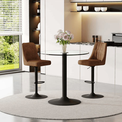 Conjunto de bar de 89 cm - Mesa de vidro com 2 bancos giratórios em tecido técnico castanho, estrutura metálica preta - Castanho+Preto+Transparente