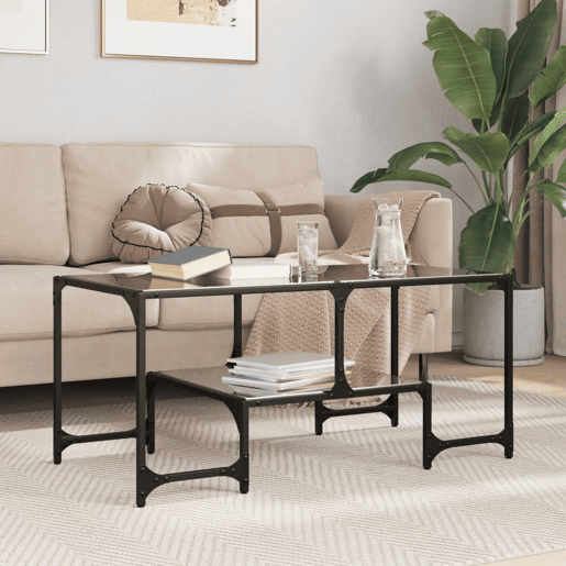 Mesa de Centro, Mesa baixa com topo em vidro preto 98,5x50x45 cm aço