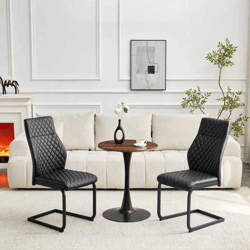Conjunto de mesa e cadeiras de 60 cm - Mesa em MDF com pés pretos + 2 cadeiras de jantar com encosto em losango e estrutura metálica - Preto, Nogueira