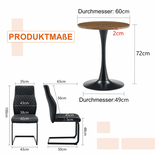 Conjunto de mesa e cadeiras de 60 cm - Mesa em MDF com pés pretos + 2 cadeiras de jantar com encosto em losango e estrutura metálica - Preto, Nogueira