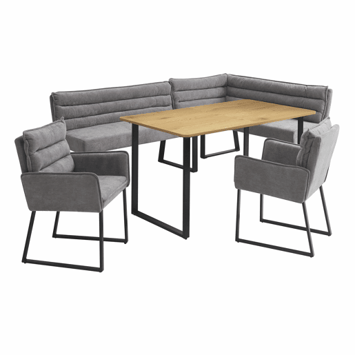 Conjunto de sala de jantar com banco de canto e mesa - com banco de canto, 2 cadeiras e mesa de jantar, adequado para cozinha e sala de jantar, estofado em chenille - cinzento e carvalho