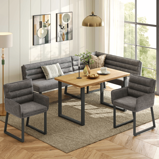 Conjunto de sala de jantar com banco de canto e mesa - com banco de canto, 2 cadeiras e mesa de jantar, adequado para cozinha e sala de jantar, estofado em chenille - cinzento e carvalho