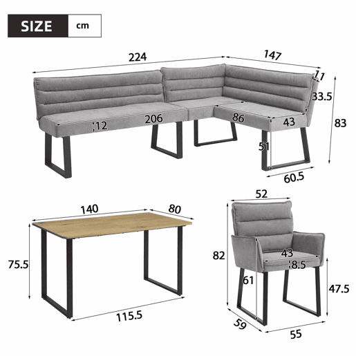 Conjunto de sala de jantar com banco de canto e mesa - com banco de canto, 2 cadeiras e mesa de jantar, adequado para cozinha e sala de jantar, estofado em chenille - cinzento e carvalho