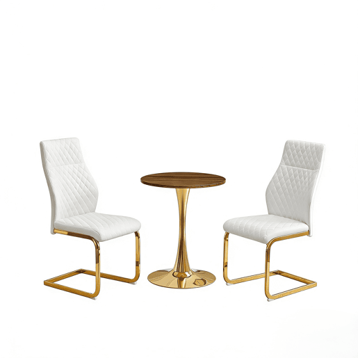 Conjunto de mesa e cadeiras de 60 cm - mesa em MDF com efeito de nogueira, pés dourados + 2 cadeiras brancas com padrão em losangos e estrutura dourada - Nogueira, Branco+Dourado