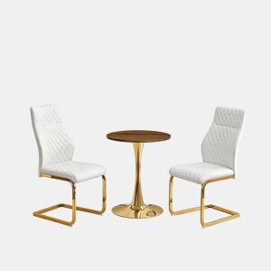Conjunto de mesa e cadeiras de 60 cm - mesa em MDF com efeito de nogueira, pés dourados + 2 cadeiras brancas com padrão em losangos e estrutura dourada - Nogueira, Branco+Dourado