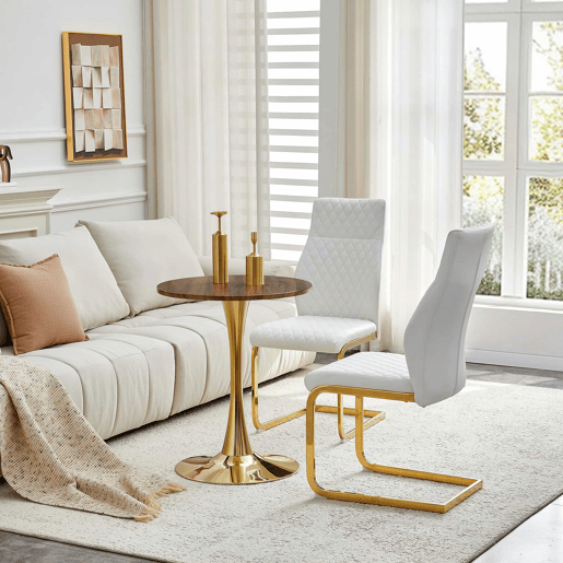 Conjunto de mesa e cadeiras de 60 cm - mesa em MDF com efeito de nogueira, pés dourados + 2 cadeiras brancas com padrão em losangos e estrutura dourada - Nogueira, Branco+Dourado