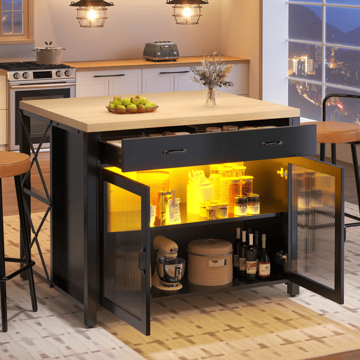 Conjunto de mesa alta de bar com bancos para 4 pessoas - ilha de cozinha com faixa de LED, bancada para cozinha, sala de estar e sala de jantar - preto