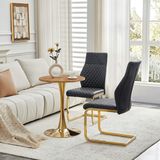 Conjunto de mesa e cadeiras de 60 cm - Mesa redonda em MDF com efeito de madeira e base dourada, 2 cadeiras de jantar pretas com design acolchoado em losangos e estrutura metálica dourada - Preto, Dourado, Madeira