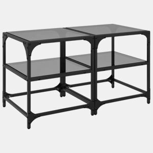 2pcs Mesas de centro, Mesas baixas c topo em vidro preto 40x40x45 cm aço
