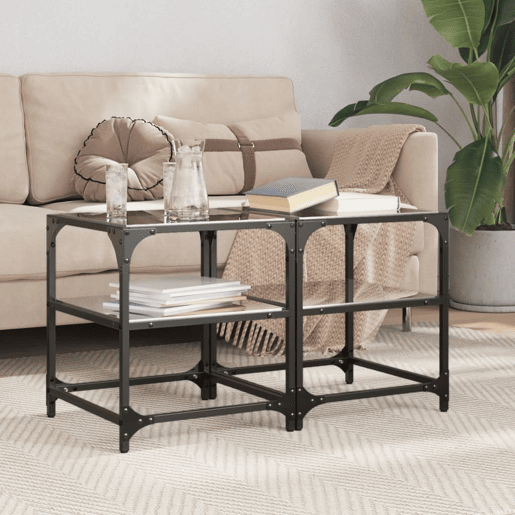 2pcs Mesas de centro, Mesas baixas c topo em vidro preto 40x40x45 cm aço