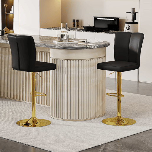 Bancos de bar ajustáveis, 2 unidades - Giratórios a 360°, PU resistente à água, design de luxo - Preto + Dourado