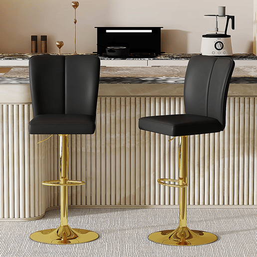 Bancos de bar ajustáveis, 2 unidades - Giratórios a 360°, PU resistente à água, design de luxo - Preto + Dourado