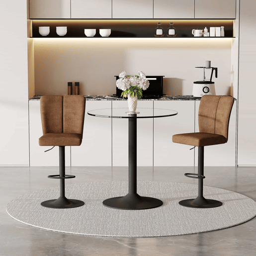Conjunto de balcão de 89 cm - 2 bancos giratórios + mesa de vidro, estrutura metálica preta, apoio para os pés confortável - Castanho e preto, transparente