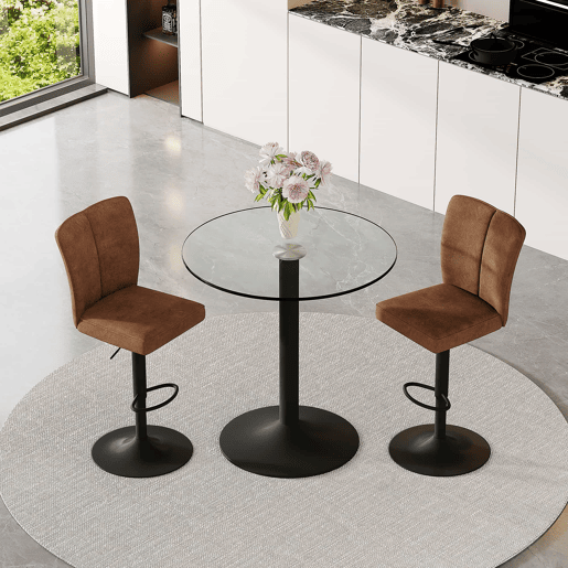 Conjunto de balcão de 89 cm - 2 bancos giratórios + mesa de vidro, estrutura metálica preta, apoio para os pés confortável - Castanho e preto, transparente