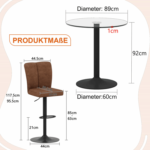 Conjunto de balcão de 89 cm - 2 bancos giratórios + mesa de vidro, estrutura metálica preta, apoio para os pés confortável - Castanho e preto, transparente