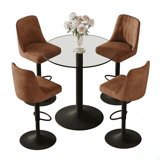 Conjunto de balcão de 89 cm - 4 bancos giratórios com tecido técnico castanho, estrutura metálica preta, mesa de vidro - Castanho+Preto, Transparente