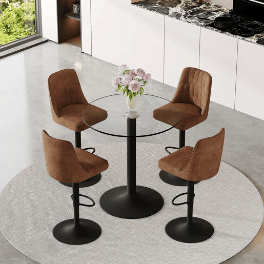 Conjunto de balcão de 89 cm - 4 bancos giratórios com tecido técnico castanho, estrutura metálica preta, mesa de vidro - Castanho+Preto, Transparente