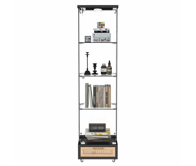 Vitrina de vidrio moderna 167x42.5x36.5 cm - con led, 1 puerta y 4 estantes - negro