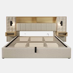 Cama estofada 180x200 - com arrumação, sistema de cama, LED e 2 candeeiros de leitura, 2 mesas de cabeceira integradas, porta de carregamento USB Tipo C, tecido de linho, base incluída, sem colchão - Bege