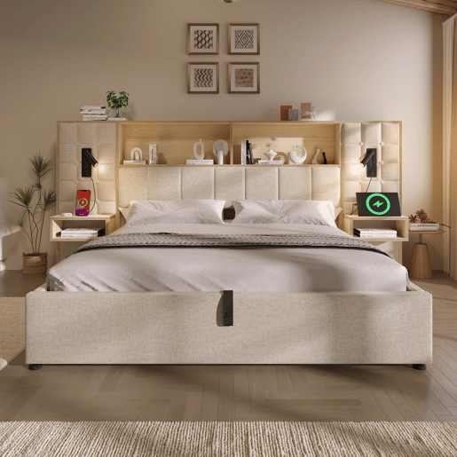 Cama estofada 180x200 - com arrumação, sistema de cama, LED e 2 candeeiros de leitura, 2 mesas de cabeceira integradas, porta de carregamento USB Tipo C, tecido de linho, base incluída, sem colchão - Bege