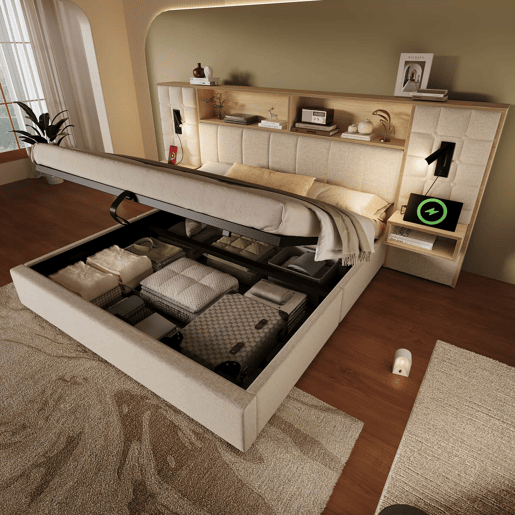 Cama estofada 180x200 - com arrumação, sistema de cama, LED e 2 candeeiros de leitura, 2 mesas de cabeceira integradas, porta de carregamento USB Tipo C, tecido de linho, base incluída, sem colchão - Bege