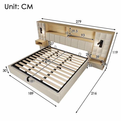 Cama estofada 180x200 - com arrumação, sistema de cama, LED e 2 candeeiros de leitura, 2 mesas de cabeceira integradas, porta de carregamento USB Tipo C, tecido de linho, base incluída, sem colchão - Bege
