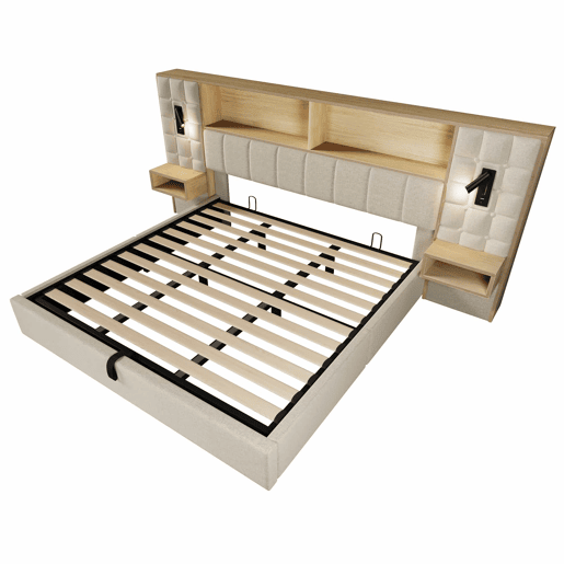 Cama estofada 180x200 - com arrumação, sistema de cama, LED e 2 candeeiros de leitura, 2 mesas de cabeceira integradas, porta de carregamento USB Tipo C, tecido de linho, base incluída, sem colchão - Bege
