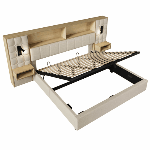 Cama estofada 180x200 - com arrumação, sistema de cama, LED e 2 candeeiros de leitura, 2 mesas de cabeceira integradas, porta de carregamento USB Tipo C, tecido de linho, base incluída, sem colchão - Bege