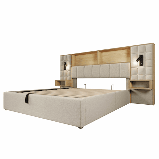 Cama estofada 180x200 - com arrumação, sistema de cama, LED e 2 candeeiros de leitura, 2 mesas de cabeceira integradas, porta de carregamento USB Tipo C, tecido de linho, base incluída, sem colchão - Bege