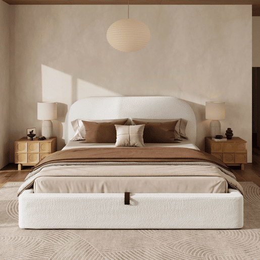 Cama de casal estofada 160 x 200 cm - cama hidráulica funcional com base de colchão, cabeceira acolchoada e amplo espaço de arrumação - bege bouclé Cama de casal estofada 160 x 200 cm - cama hidráulica funcional com base de colchão, cabeceira acolchoada e amplo espaço de arrumação - bege bouclé