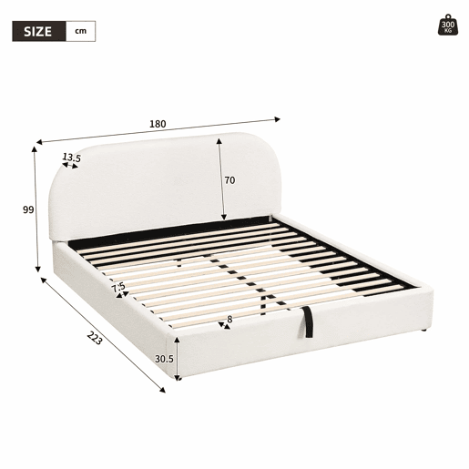 Cama de casal estofada 160 x 200 cm - cama hidráulica funcional com base de colchão, cabeceira acolchoada e amplo espaço de arrumação - bege bouclé Cama de casal estofada 160 x 200 cm - cama hidráulica funcional com base de colchão, cabeceira acolchoada e amplo espaço de arrumação - bege bouclé